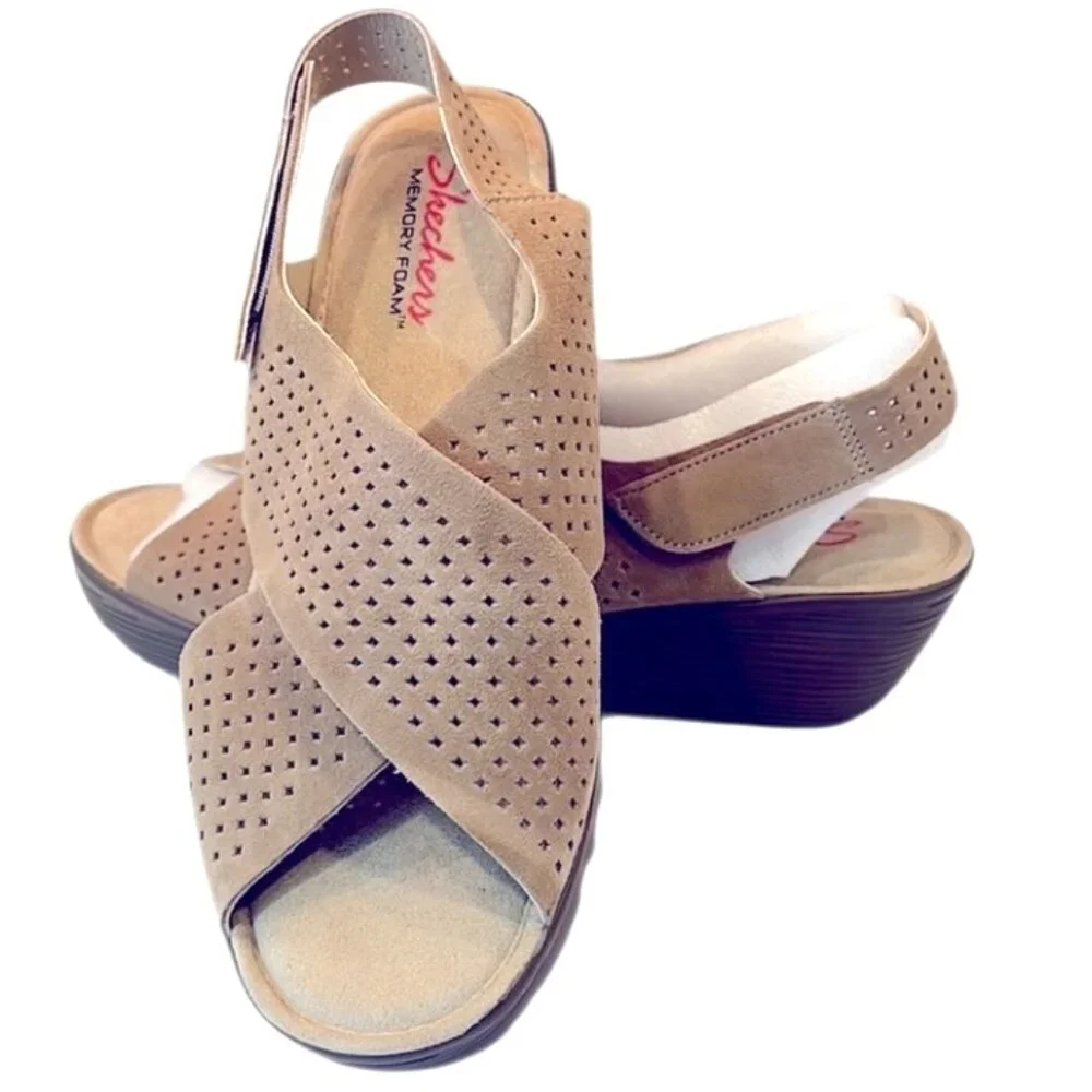 Skechers Perforated‎ Suede Slingback Wedge Cross Strap Sandals Sz 9 Tan 263E